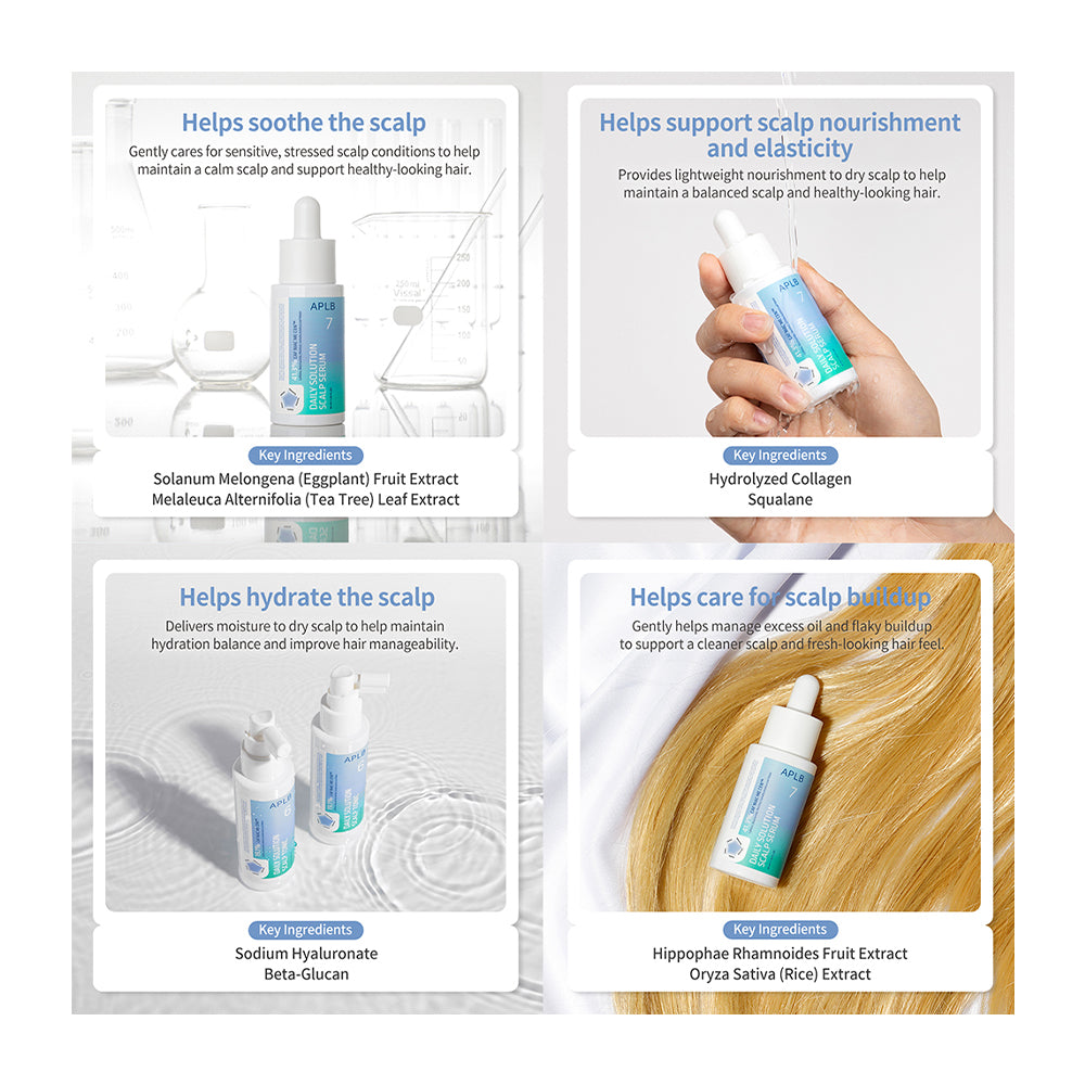 A four-panel promotional graphic for a scalp care serum. The top-left panel shows the serum bottle on a white background with text about soothing the scalp.