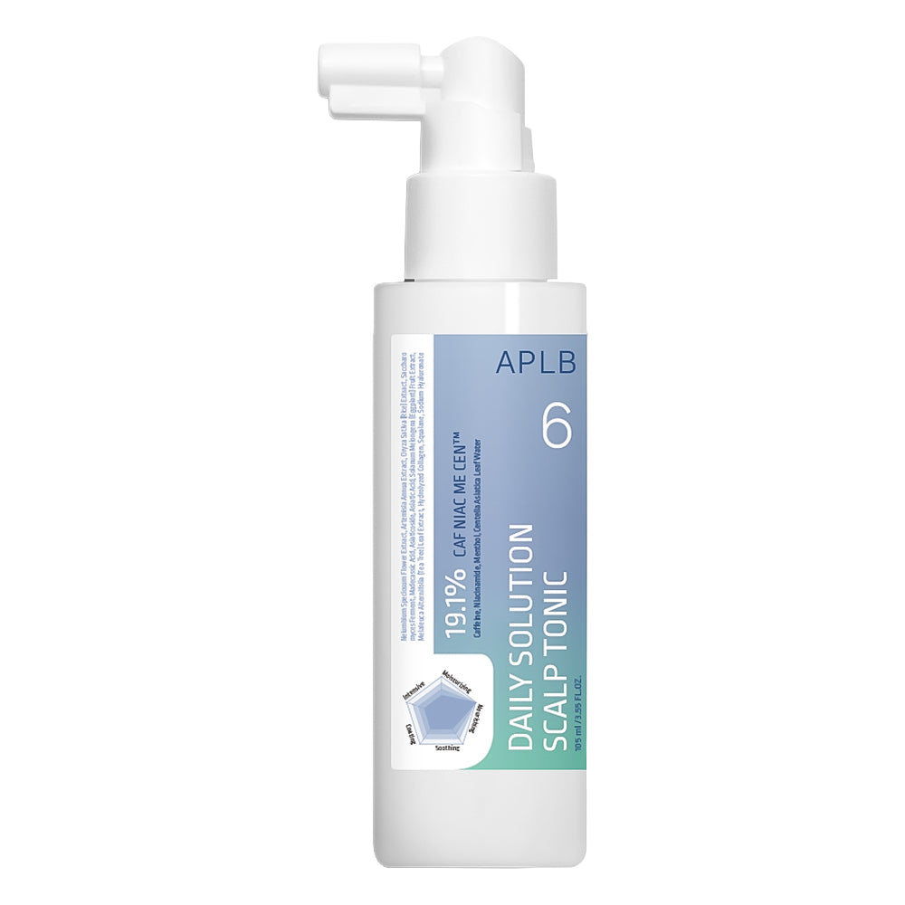 APLB Daily Solution Scalp Tonic in a white pump bottle with a blue and green label, shown on a plain white background.