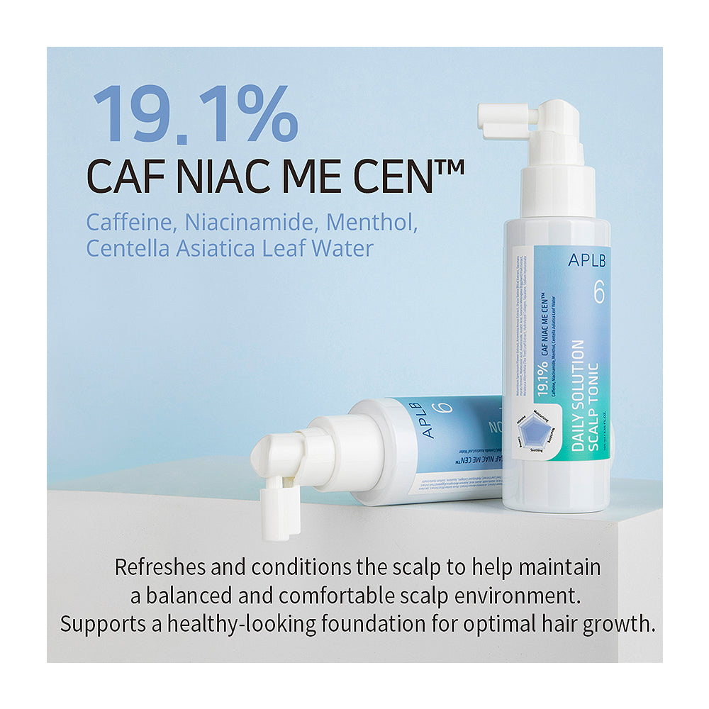 APLB Caf Niac Me Cen daily solution for hair care, showing a white pump bottle and matching tube on a light blue and gray background with product text and benefits.
