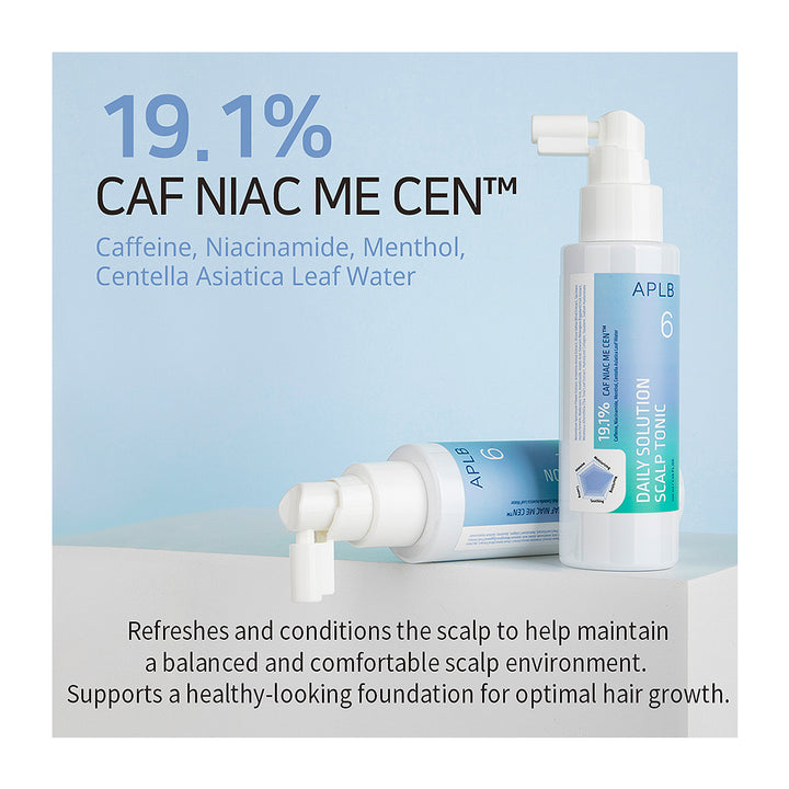APLB Caf Niac Me Cen daily solution for hair care, showing a white pump bottle and matching tube on a light blue and gray background with product text and benefits.