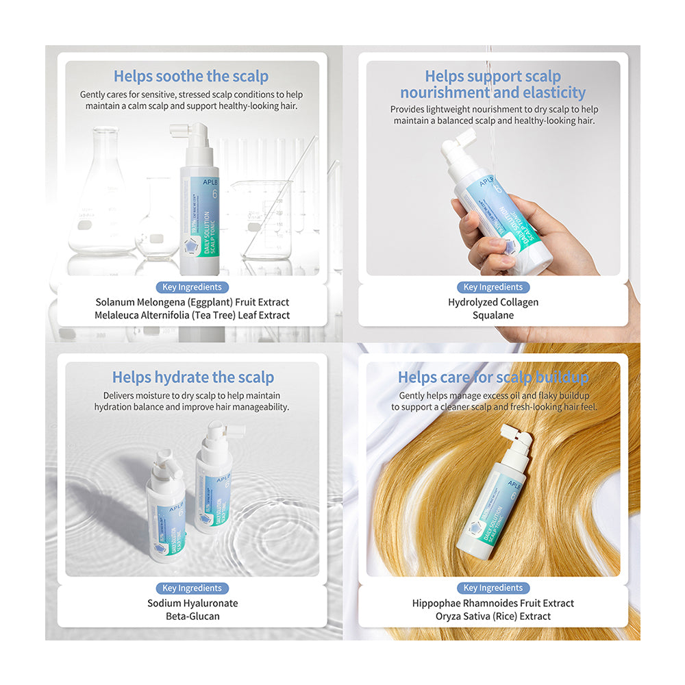 A four-panel promotional graphic for a hair care product. The panels show the bottle and tube packaging, a hand holding the tube, ingredient callouts, and a close-up of blonde hair with text about scalp support and elasticity.