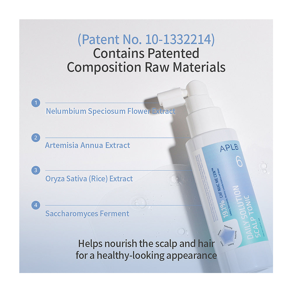 A bottle of APLB 6% Daily Solution Calp Tonic shown on a light blue and white background with text detailing its patented composition raw materials: Nelumbium Speciosum Flower Extract, Artemisia Annua Extract, Oryza Sativa (Rice) Extract, and Saccharomyces Ferment.