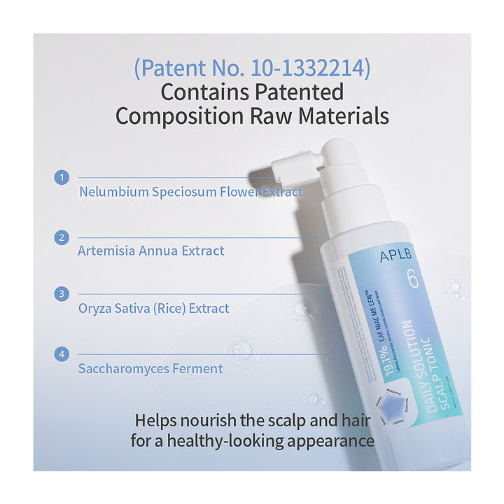 A bottle of APLB 6% Daily Solution Calp Tonic shown on a light blue and white background with text detailing its patented composition raw materials: Nelumbium Speciosum Flower Extract, Artemisia Annua Extract, Oryza Sativa (Rice) Extract, and Saccharomyces Ferment.