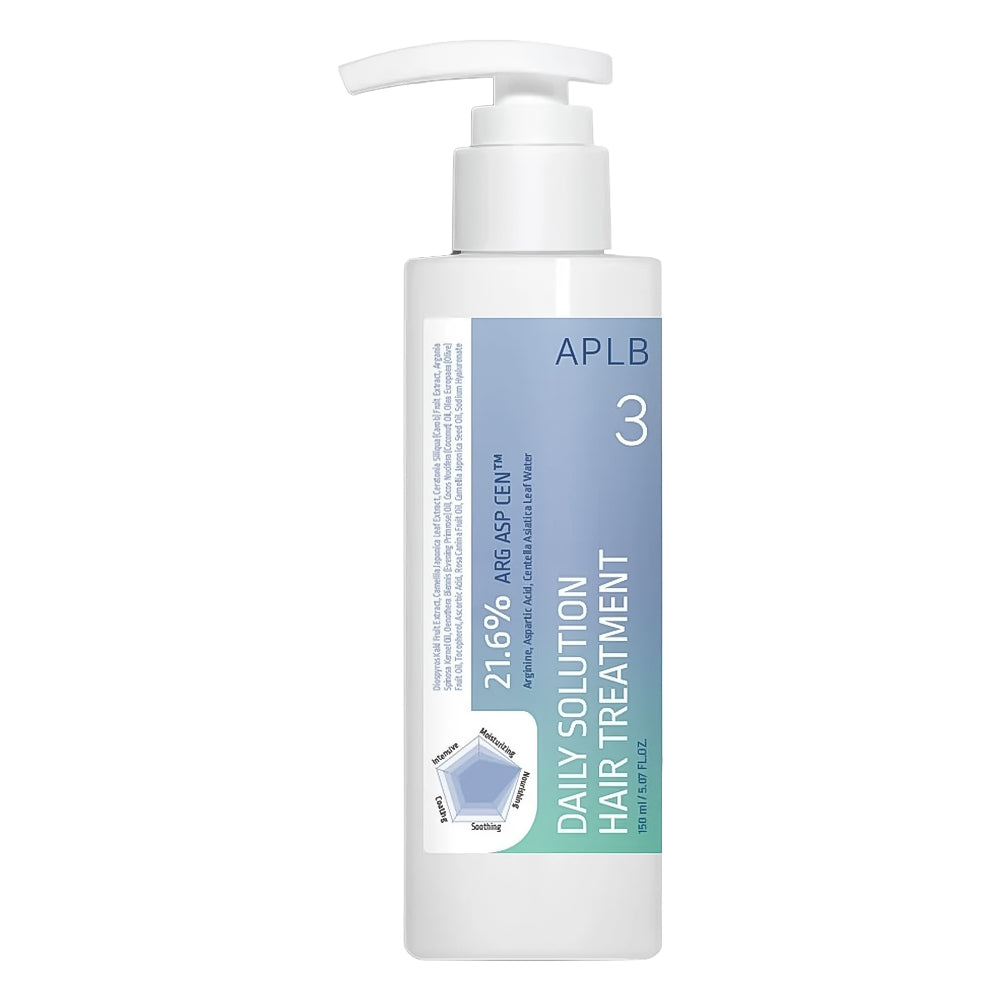 A white pump bottle of APLB Daily Solution Hair Treatment with a blue and green label, shown on a solid white background.