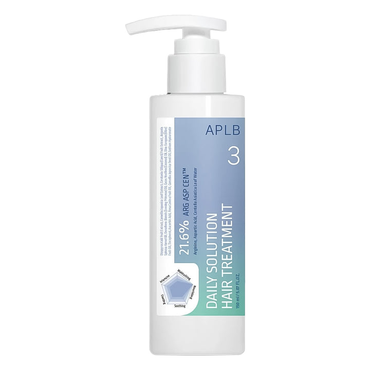 A white pump bottle of APLB Daily Solution Hair Treatment with a blue and green label, shown on a solid white background.