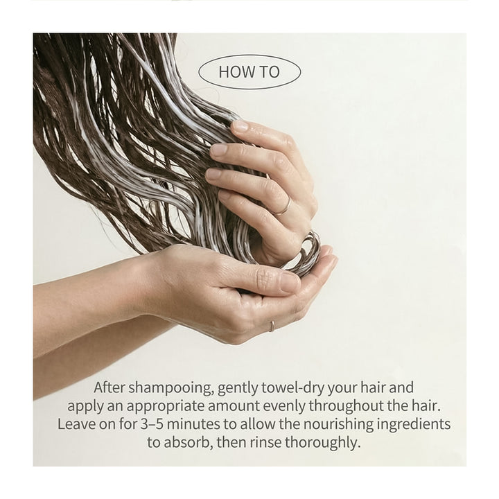 Instructional graphic showing hands towel-drying and applying a hair treatment, with the text &