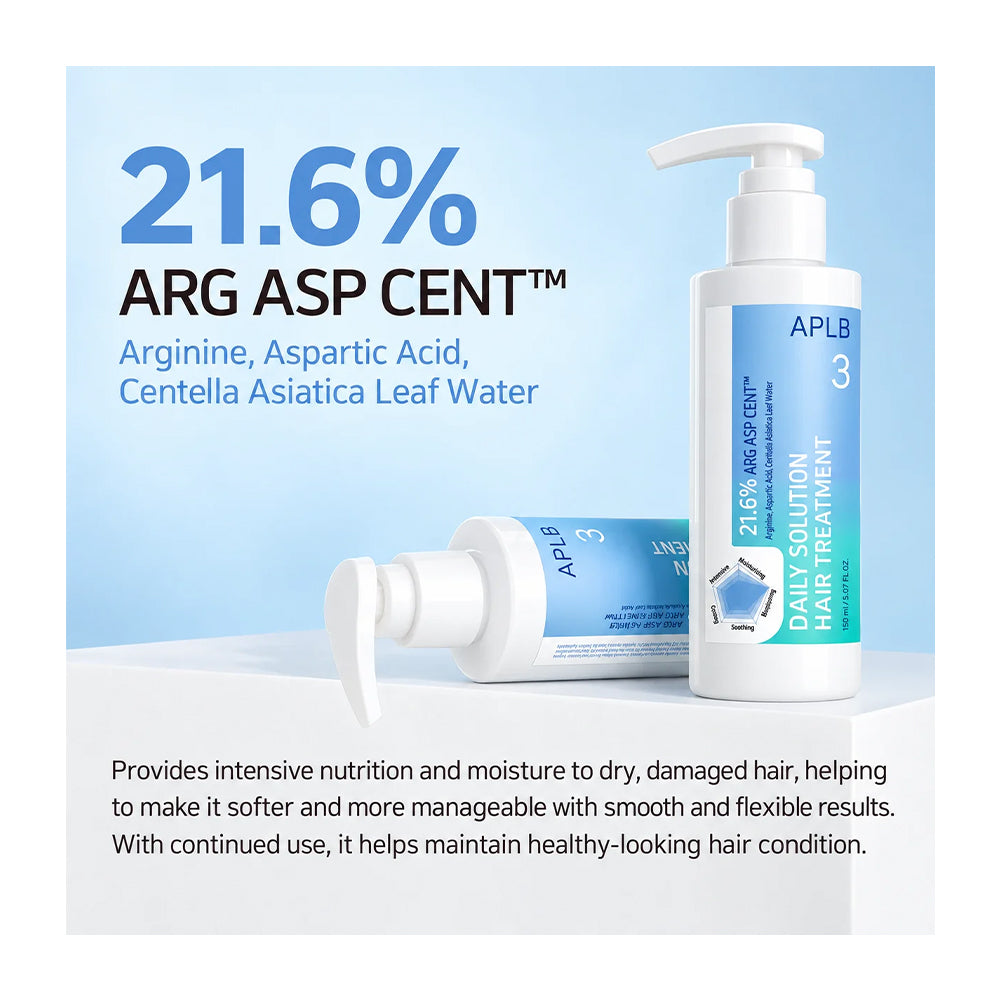APLB 21.6% Arg ASP Cent daily solution hair treatment set, featuring a white pump bottle and a white squeeze tube with blue and white labels, set against a light blue background with product benefits text.