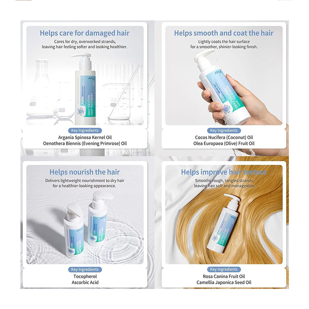 A four-panel promotional graphic for a hair care product line. The panels show bottles and a hand holding a bottle, with text describing benefits for damaged, smooth, and nourished hair.