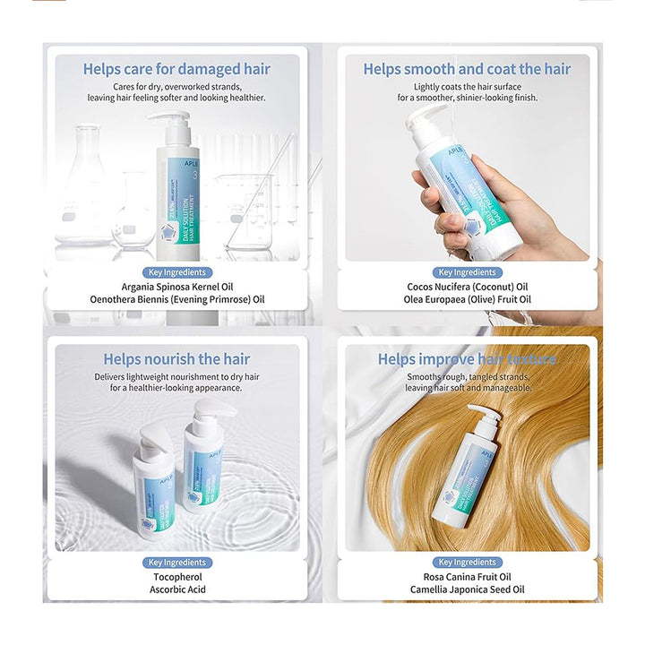 A four-panel promotional graphic for a hair care product line. The panels show bottles and a hand holding a bottle, with text describing benefits for damaged, smooth, and nourished hair.