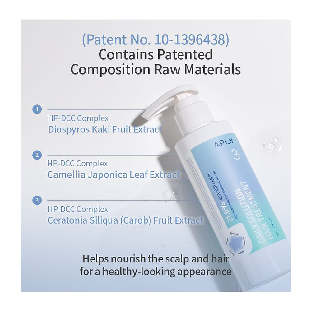 A white pump bottle of APLB Equilibrium Hair Treatment with a light blue label, shown on a pale blue background with text detailing its patented composition raw materials.