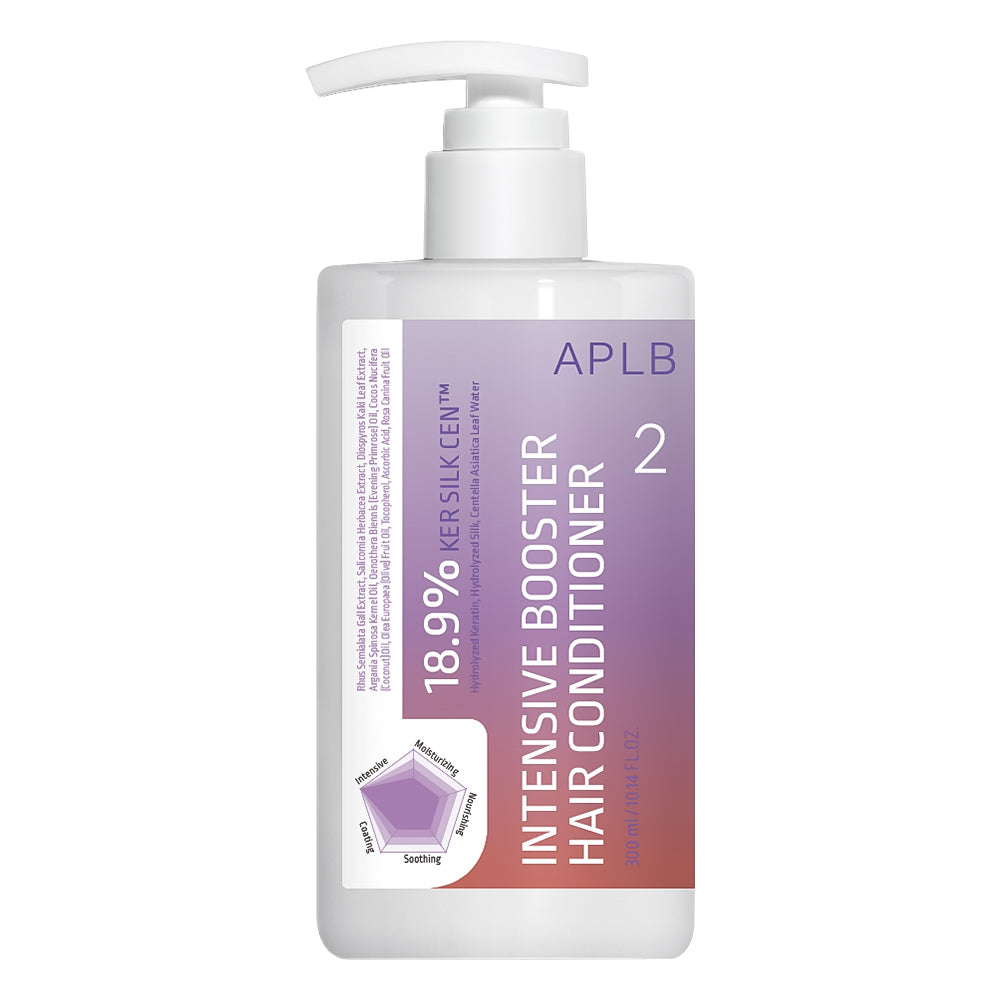 A white pump bottle of APLB Intensive Booster Hair Conditioner with a purple-to-orange gradient label, shown on a solid white background.