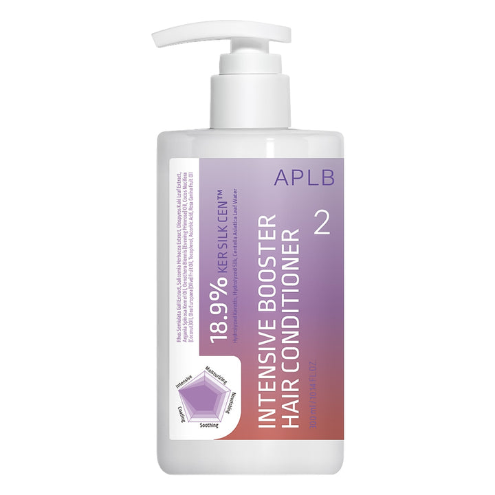 A white pump bottle of APLB Intensive Booster Hair Conditioner with a purple-to-orange gradient label, shown on a solid white background.