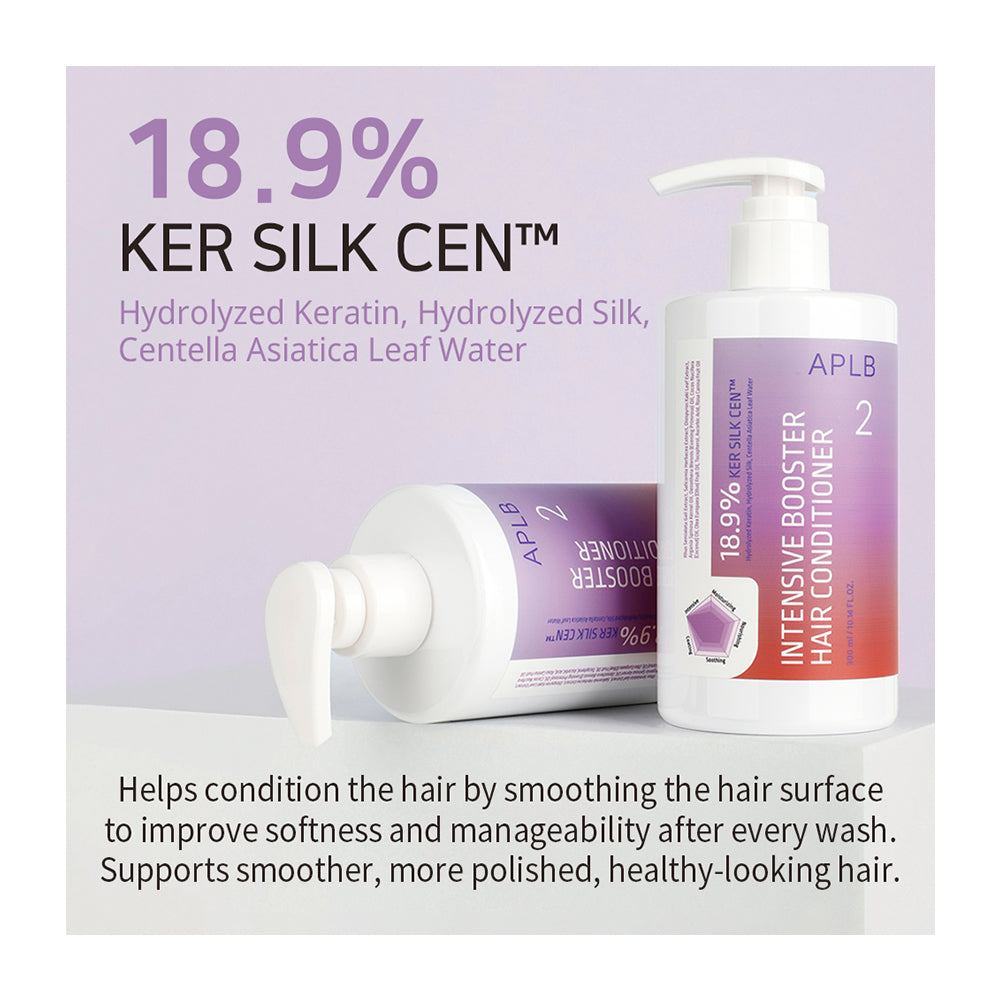 Two pump bottles of APLB Intensive Booster Hair Conditioner and a tube of APLB Intensive Conditioner shown on a light lavender background with promotional text about keratin and centella asiatica leaf water.