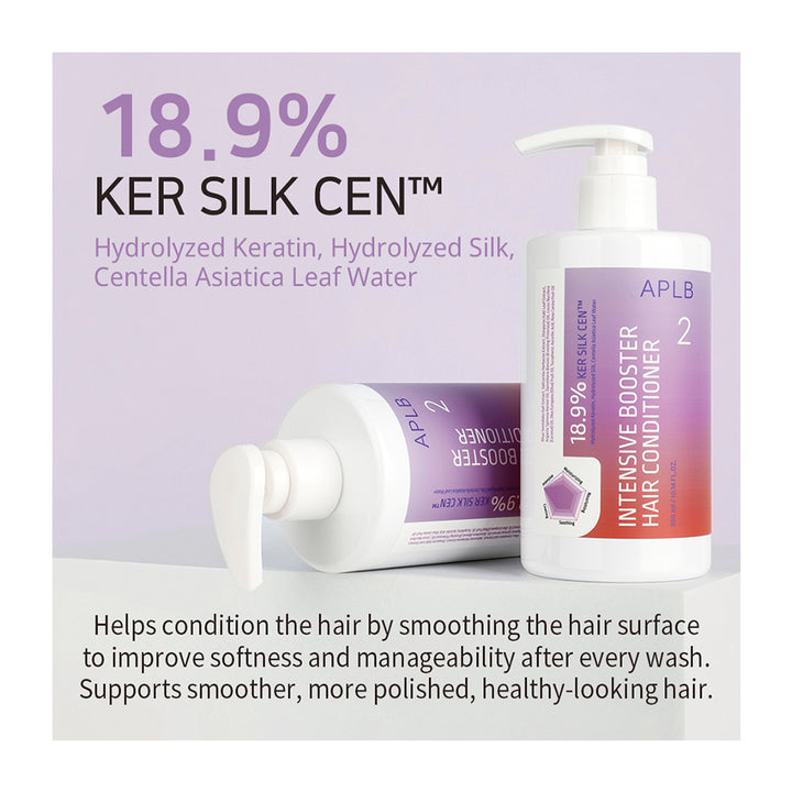 Two pump bottles of APLB Intensive Booster Hair Conditioner and a tube of APLB Intensive Conditioner shown on a light lavender background with promotional text about keratin and centella asiatica leaf water.