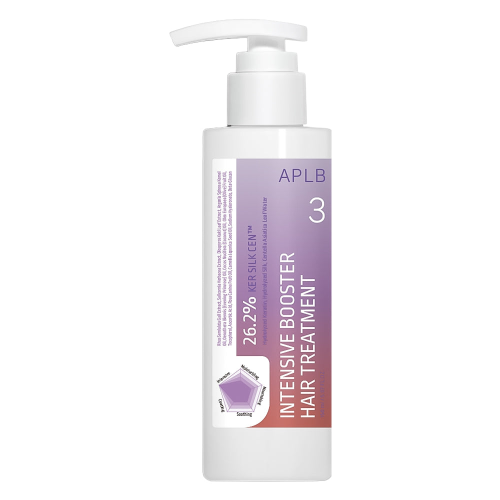 APLB Intensive Booster Hair Treatment in a white pump bottle with a purple and orange gradient label.