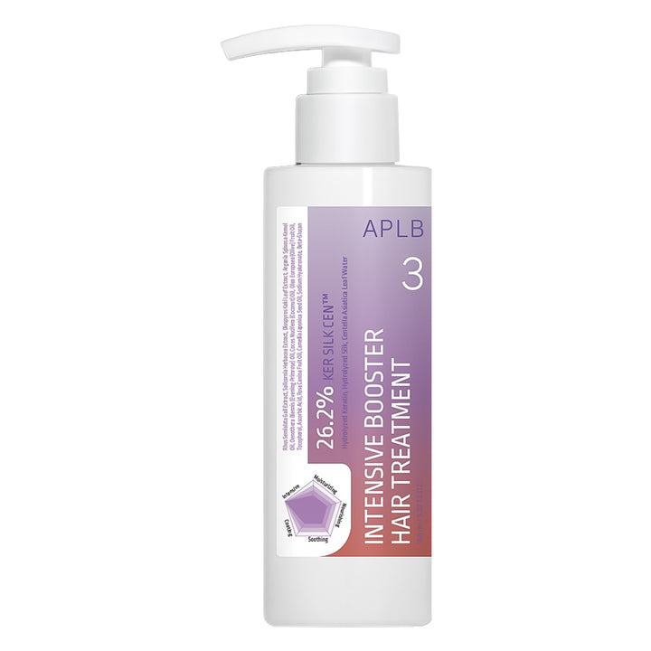 APLB Intensive Booster Hair Treatment in a white pump bottle with a purple and orange gradient label.