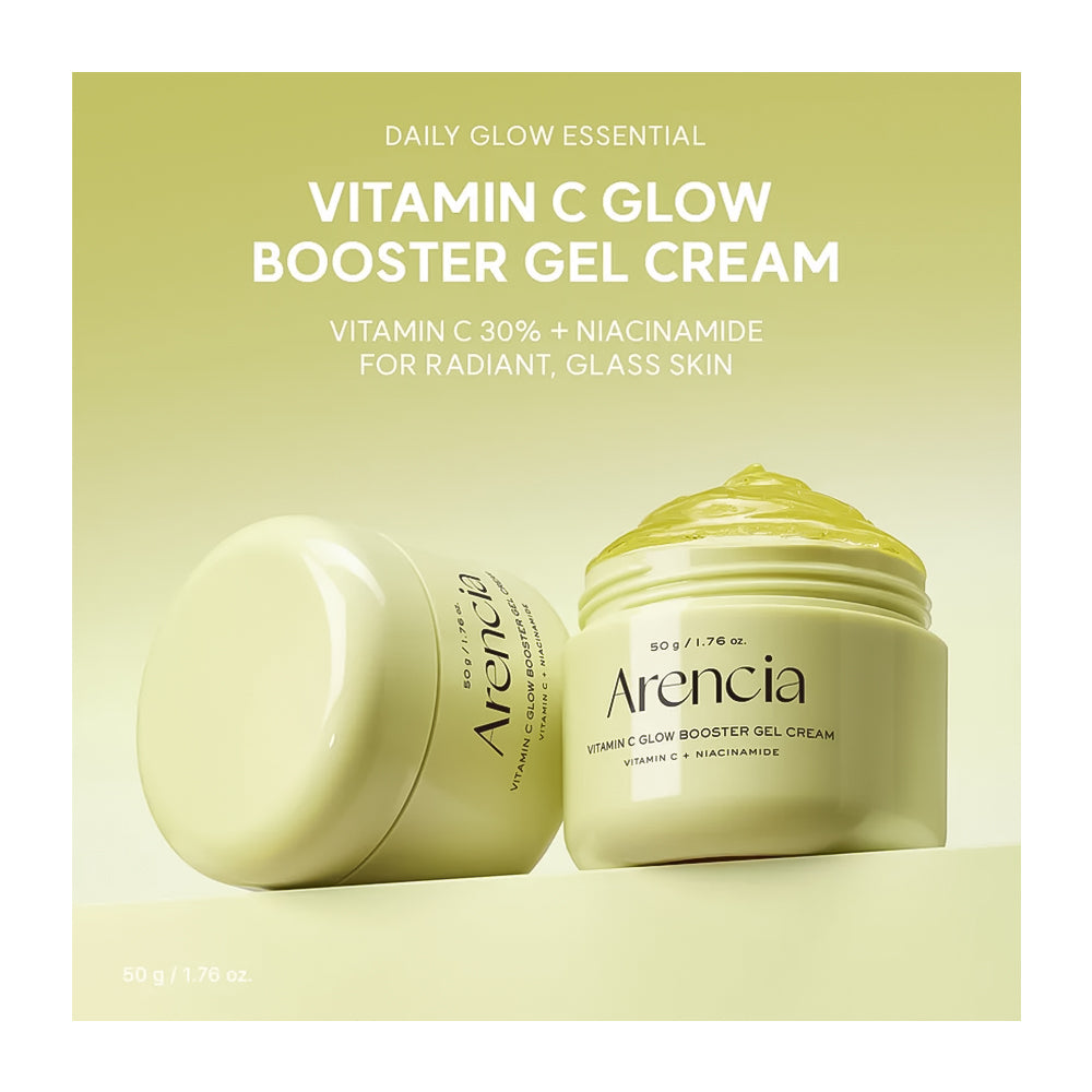 Arencia Vitamin C Glow Booster Gel Cream packaging with cream jar on a light green background