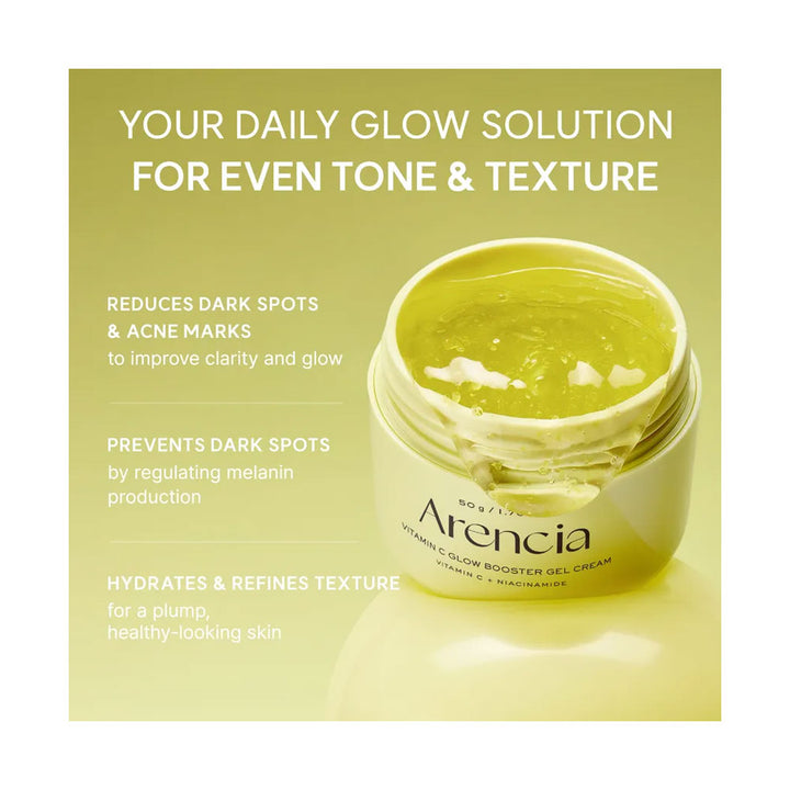 Jar of skincare cream with text highlighting benefits on a green background