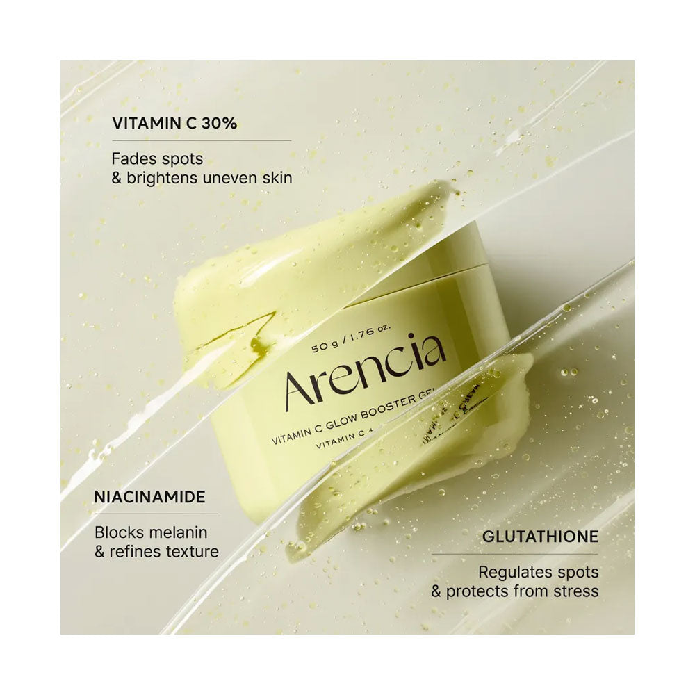Arencia Vitamin C Glow Booster Cream with product details on a light background