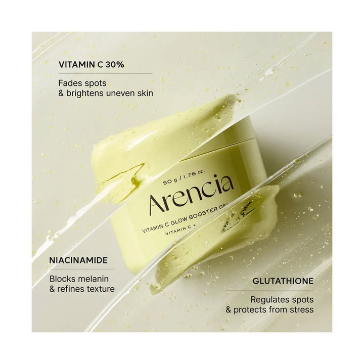 Arencia Vitamin C Glow Booster Cream with product details on a light background