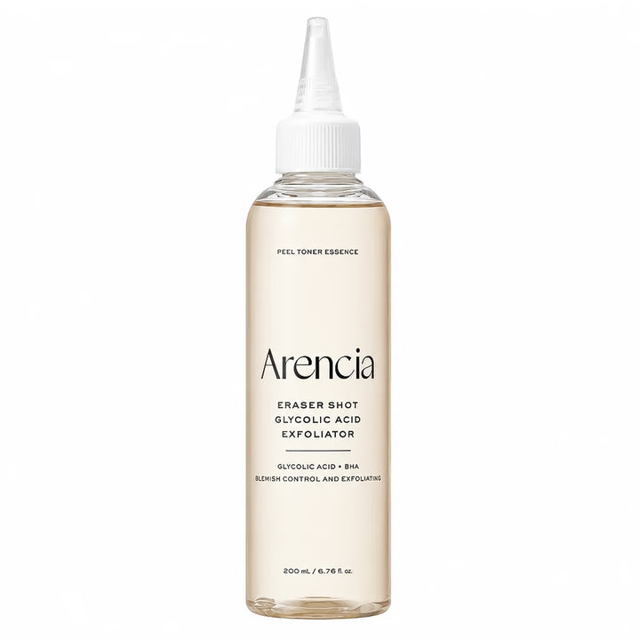 A clear plastic bottle of Arencia Eraser Shot Glycolic Acid Exfoliator with a white pointed applicator cap, filled with a pale beige liquid, on a solid white background.