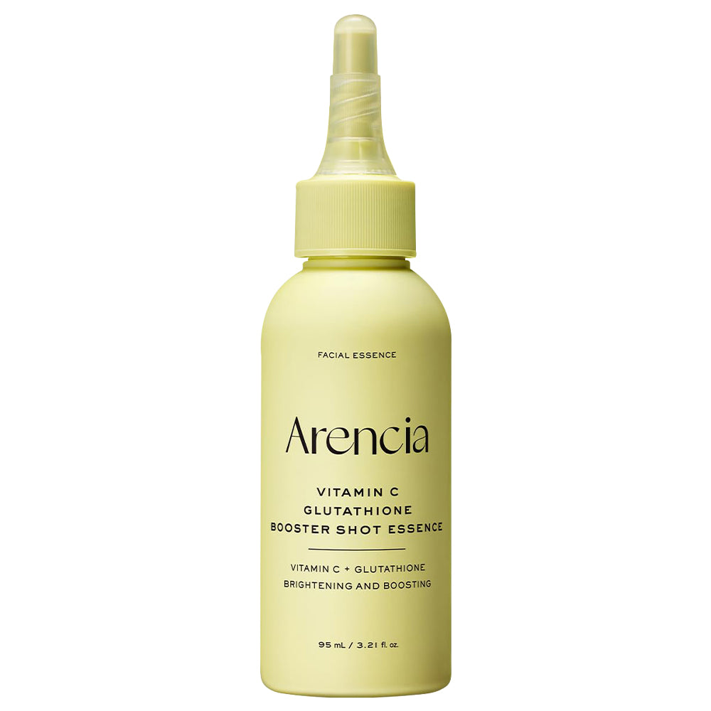 A pale yellow dropper bottle of Arencia Vitamin C Glutathione Booster Shot Essence on a solid white background.