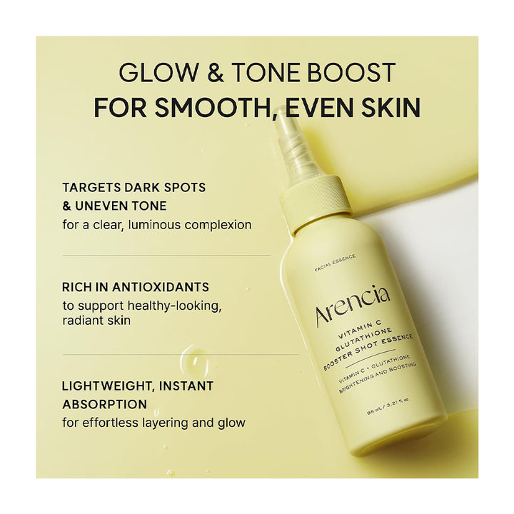 A bottle of Arencia Vitamin C Glutathione Booster Shot Essence in a pale yellow-green shade, set against a matching pale yellow-green background with text highlighting its benefits for smooth, even skin.