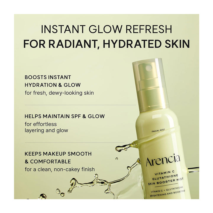 Arencia Vitamin C Glutathione Skin Booster Mist in a frosted pale green bottle with a gold spray cap, shown on a matching pale green background with promotional text and a liquid splash graphic.