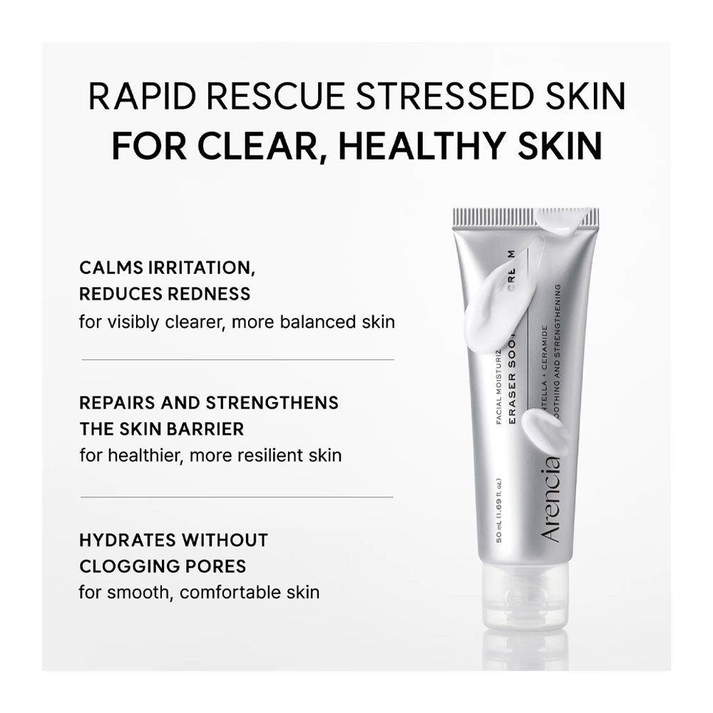 A silver tube of Avenia Rapid Rescue Stressed Skin cream shown on a light gray background with black marketing text describing benefits for clear, healthy skin.