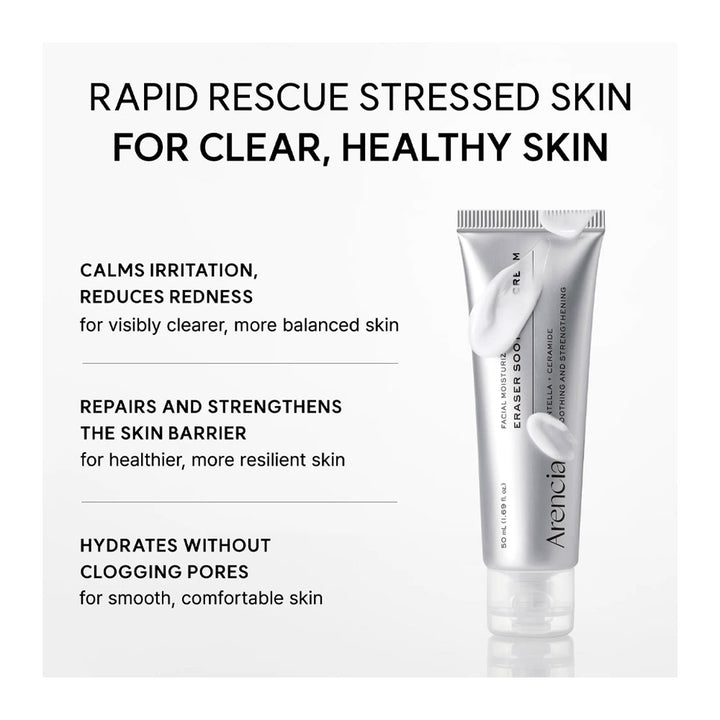 A silver tube of Avenia Rapid Rescue Stressed Skin cream shown on a light gray background with black marketing text describing benefits for clear, healthy skin.