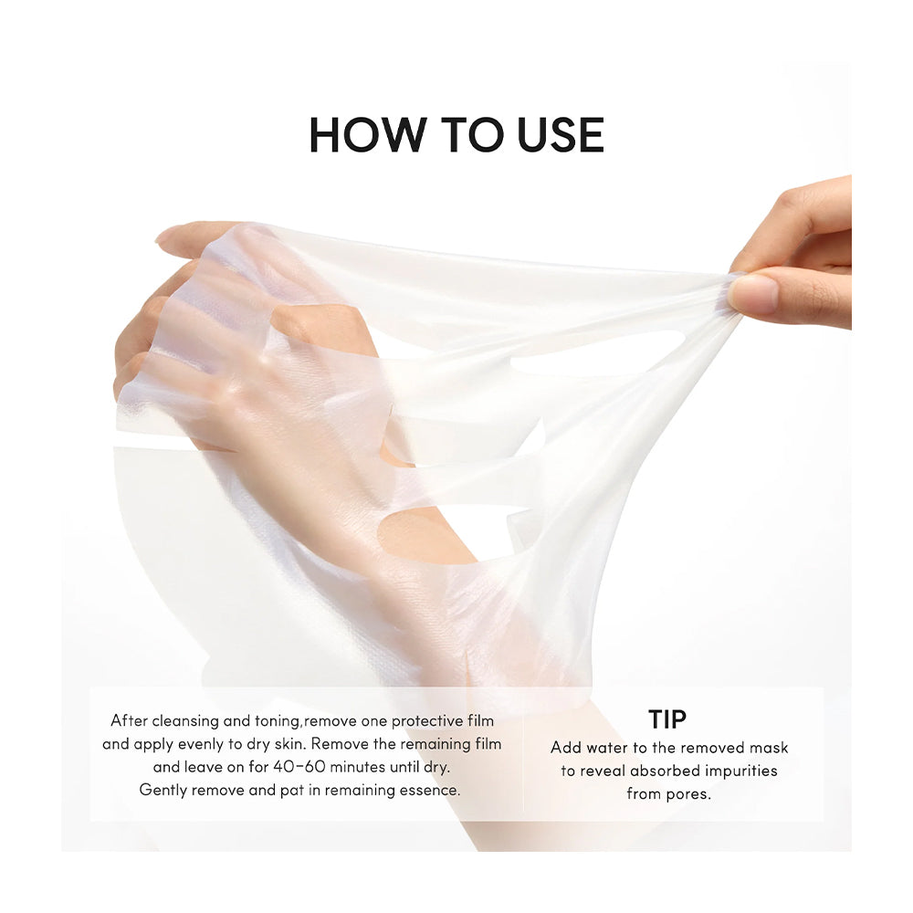 How-to-use graphic showing hands stretching a translucent peel mask to demonstrate its thin, flexible film texture, with instructional text on a white background.