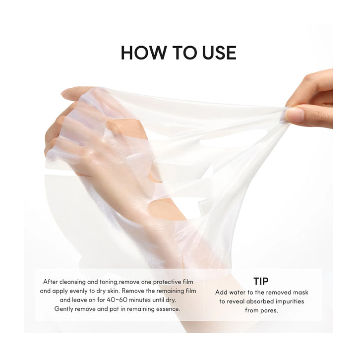 How-to-use graphic showing hands stretching a translucent peel mask to demonstrate its thin, flexible film texture, with instructional text on a white background.
