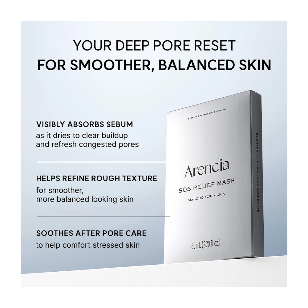 Arencia SOS Relief Mask box shown on a light blue promotional background with text describing pore-care benefits.