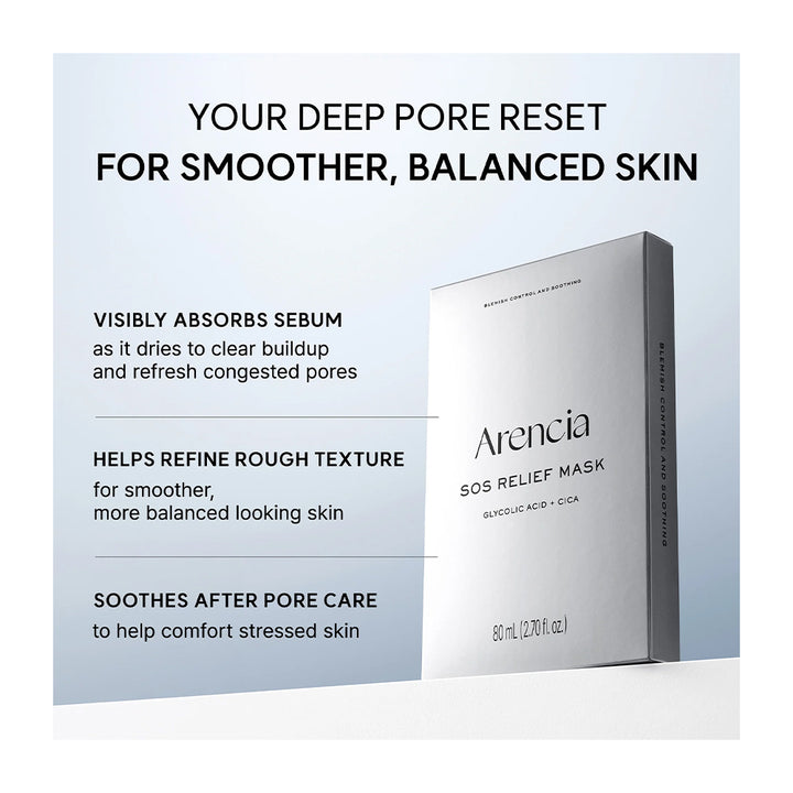 Arencia SOS Relief Mask box shown on a light blue promotional background with text describing pore-care benefits.