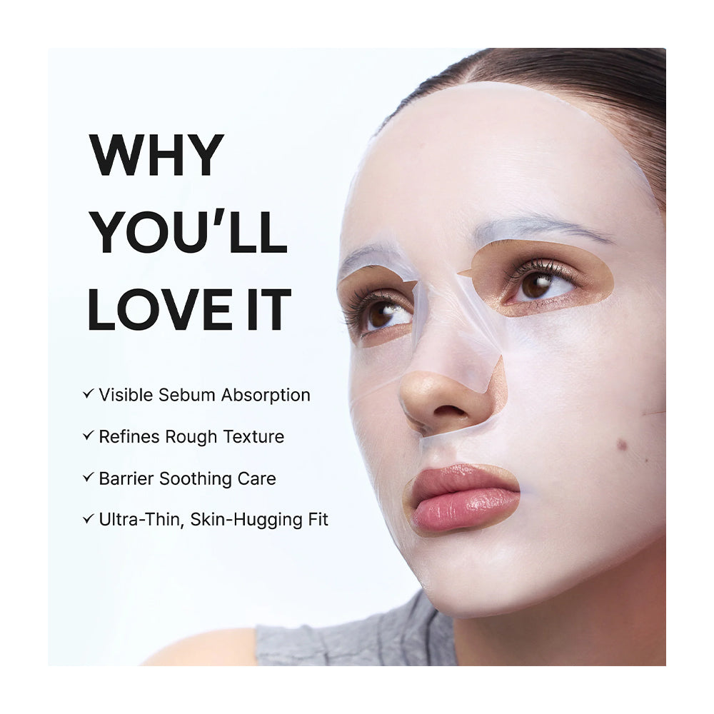A close-up of a woman wearing a translucent sheet mask on her face, with text on the left reading 'WHY YOU'LL LOVE IT' and bullet points about visible sebum absorption, refined rough texture, barrier soothing care, and ultra-thin skin-hugging fit.