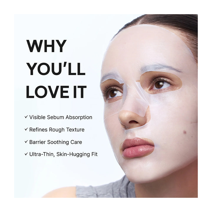 A close-up of a woman wearing a translucent sheet mask on her face, with text on the left reading &