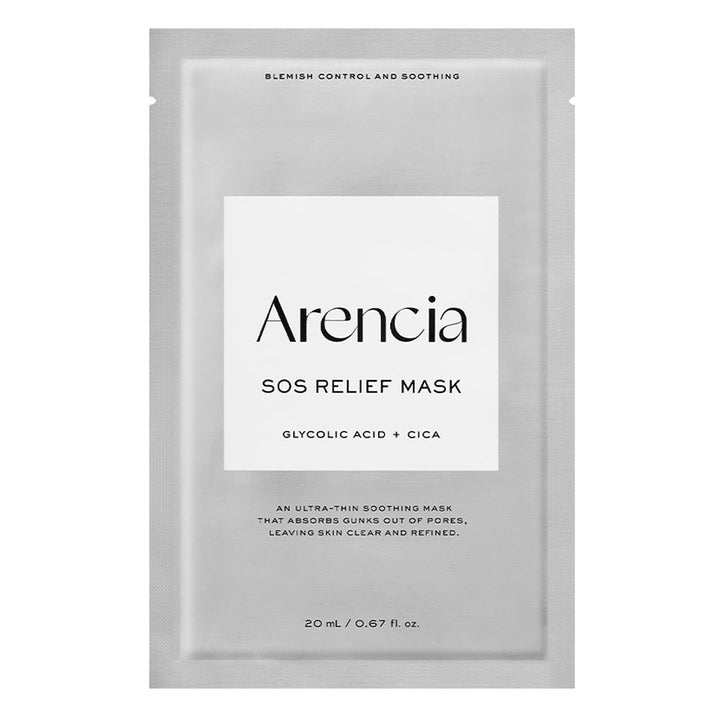 A single flat skincare packet for Arencia SOS Relief Mask, shown on a plain white background. The packet is light gray with a large white central label containing the brand name &