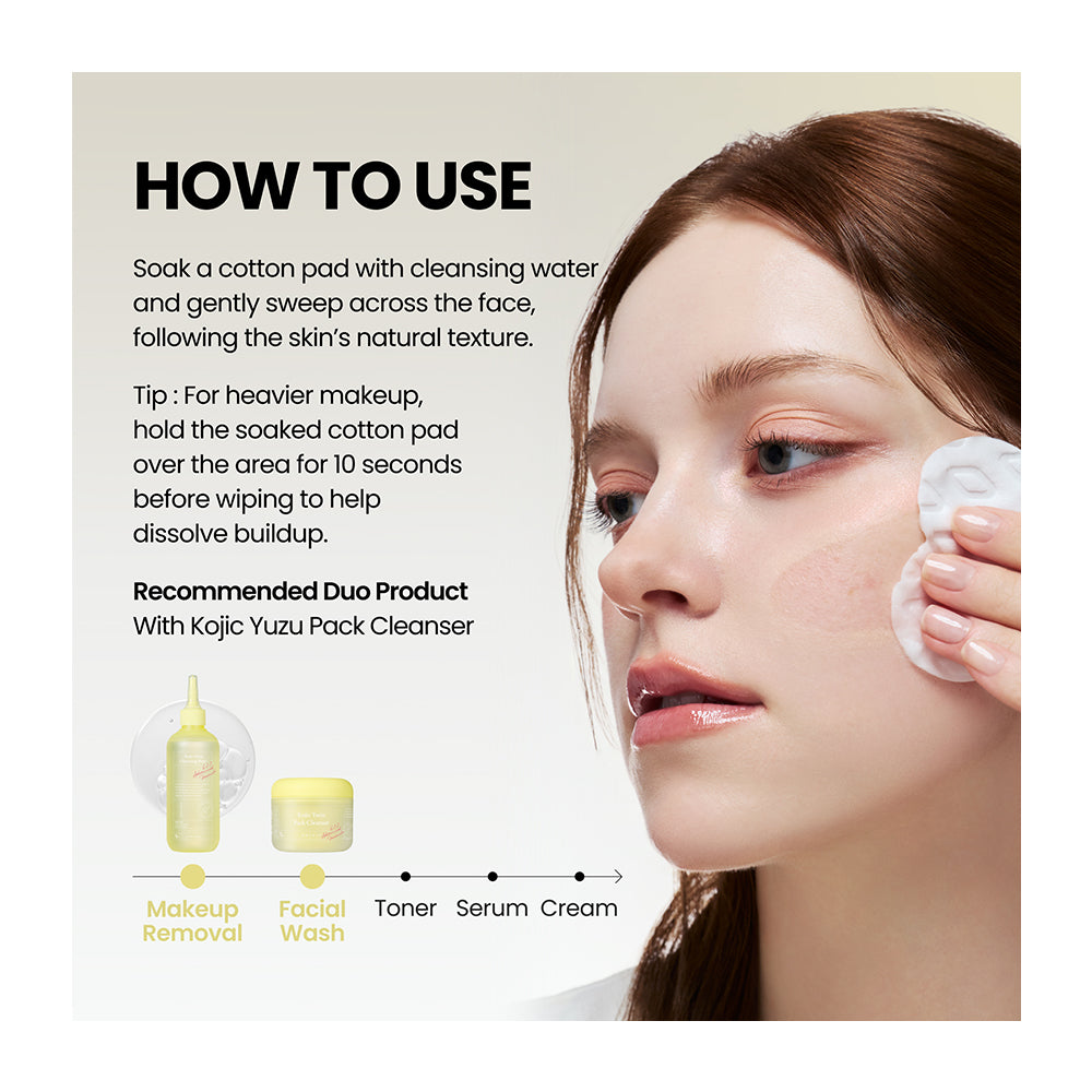 Instructional skincare graphic showing a woman applying a cotton pad to her face, with text explaining how to use cleansing pads and a small product lineup including a yellow cleansing pad bottle and a yellow jar labeled Facial Wash.