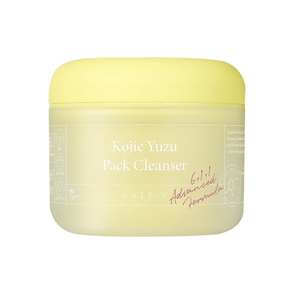 A jar of AXIS-Y Kojic Yuzu Pack Cleanser with a pale yellow lid and frosted container showing a light yellow-green cleanser inside, set against a plain white background.