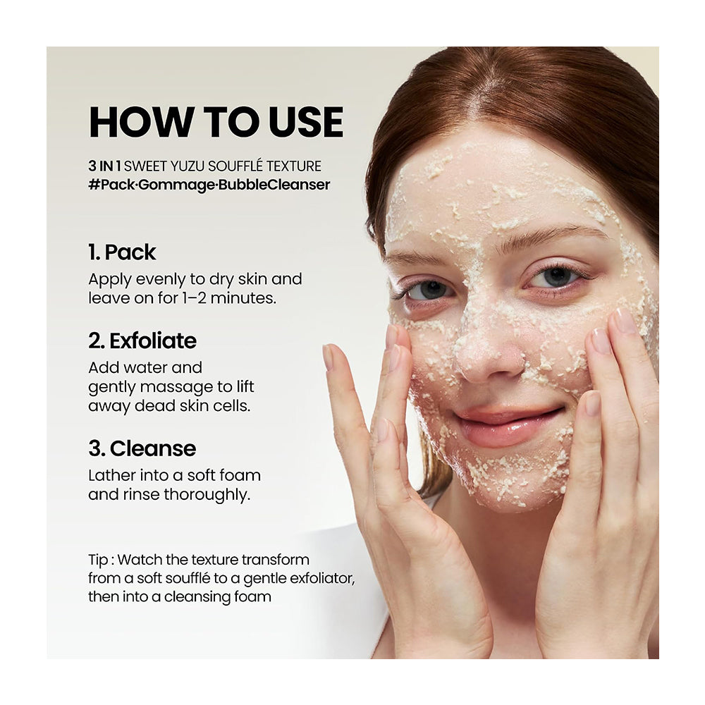 Instructional graphic for a bubble cleanser showing a woman with foamy cleanser on her face and text instructions on how to use the product in three steps against a light beige background.