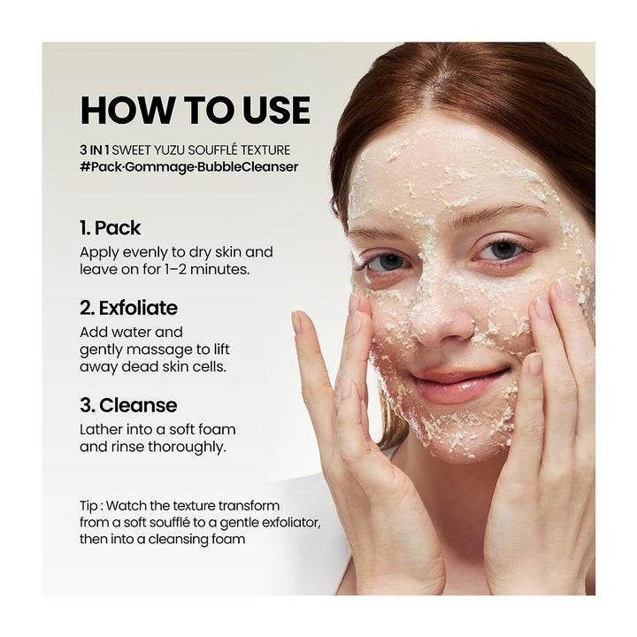 Instructional graphic for a bubble cleanser showing a woman with foamy cleanser on her face and text instructions on how to use the product in three steps against a light beige background.