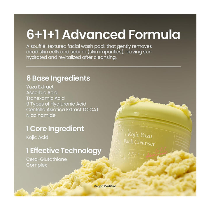 A promotional graphic for a facial wash pack showing a jar of creamy yellow cleanser on a pile of matching product, with text describing the &