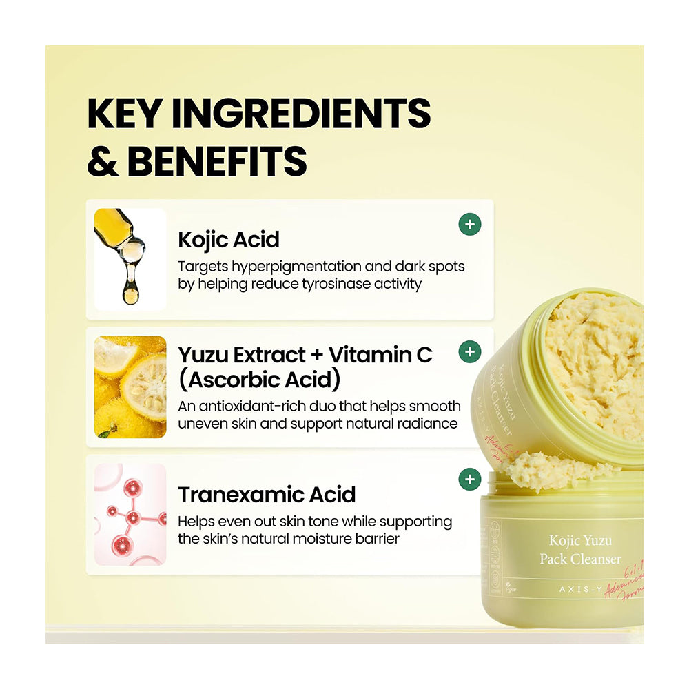 A promotional graphic for the AXIOL Kojic Yuzu Pack Cleanser, showing three key ingredients and benefits on a pale yellow background: Kojic Acid, Yuzu Extract + Vitamin C (Ascorbic Acid), and Tranexamic Acid. The AXIOL jar of creamy yellow cleanser is pictured on the bottom right.