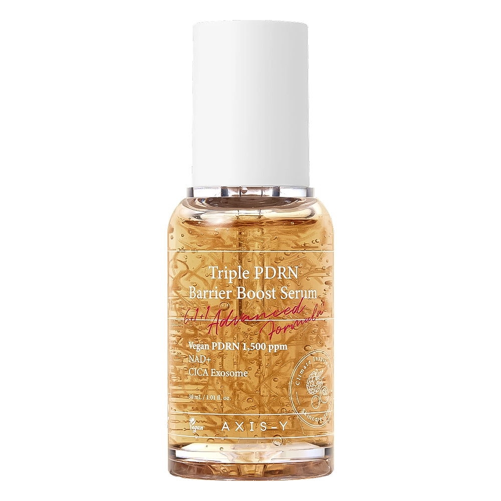 A bottle of AXIS-V Triple PDRN Barrier Boost Serum, featuring a clear glass bottle filled with golden liquid and suspended gold flakes, topped with a white cap, on a solid white background.
