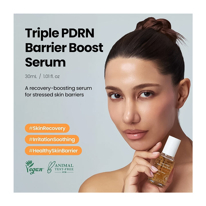 Triple PDRN Barrier Boost Serum advertisement featuring a woman holding a small glass bottle with a white cap against a light gray background with product text and certification logos.