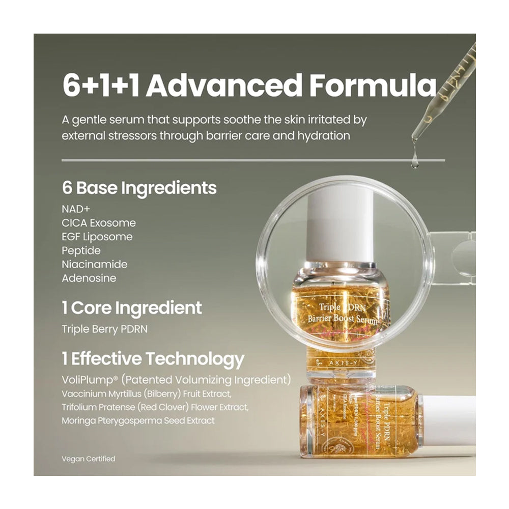A promotional graphic for a skincare serum bottle labeled &