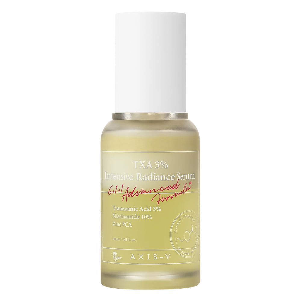 A bottle of AXIS-Y TXA 3% Intensive Radiance Serum with a white cap and a pale yellow-green liquid inside, shown on a plain white background.