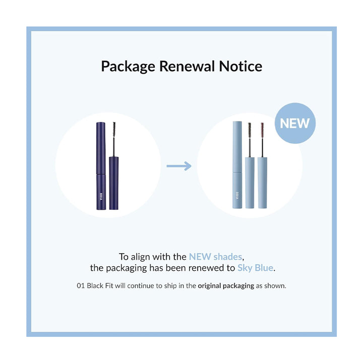 A package renewal notice graphic for a cosmetic tube, showing the old dark purple packaging and the new sky blue packaging with text explaining the color change.