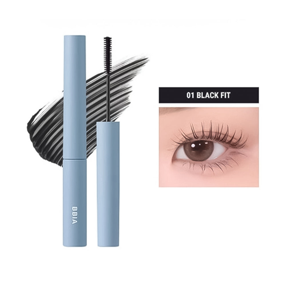 BBIA eyelash mascara in a light blue tube with a black wand, shown alongside a black lash swatch and an inset image of a model's eye wearing long black lashes. Text reads '01 BLACK FIT'.
