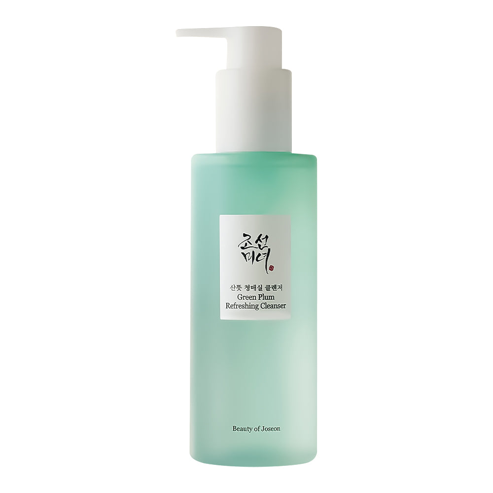 Beauty of Joseon Green Plum Refreshing Cleanser in a frosted mint green bottle with a white pump dispenser, shown on a solid white background.